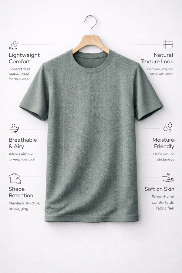 Storm Valor Sage Green Jacquard Weave T-Shirt | 200 GSM Lightweight Comfort | Textured Pattern Premium Casual Wear - L, Grey