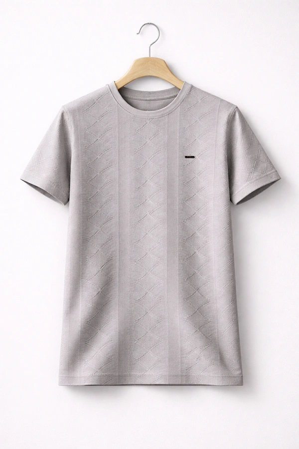 Storm Valor Steel Grey Jacquard Weave T-Shirt | 200 GSM Shape Retention Fabric | Men�s Premium Textured Casual Tee - L, Light Grey
