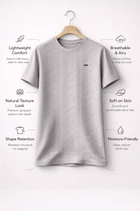 Storm Valor Steel Grey Jacquard Weave T-Shirt | 200 GSM Shape Retention Fabric | Men�s Premium Textured Casual Tee - L, Light Grey