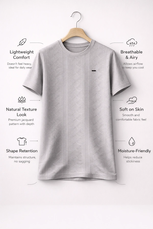 Storm Valor Steel Grey Jacquard Weave T-Shirt | 200 GSM Shape Retention Fabric | Men�s Premium Textured Casual Tee - L, Light Grey