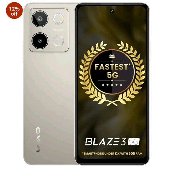 Lava Blaze 3 5G (Glass Gold, 6GB+128GB) | Segment's Fastest 5G Smartphone | Dimensity 6300 Processor | 90Hz Display | 50MP+2MP AI Camera with Vibe Light | 5000 mAh | Glass Back|18W Fast Charging - Glass gold