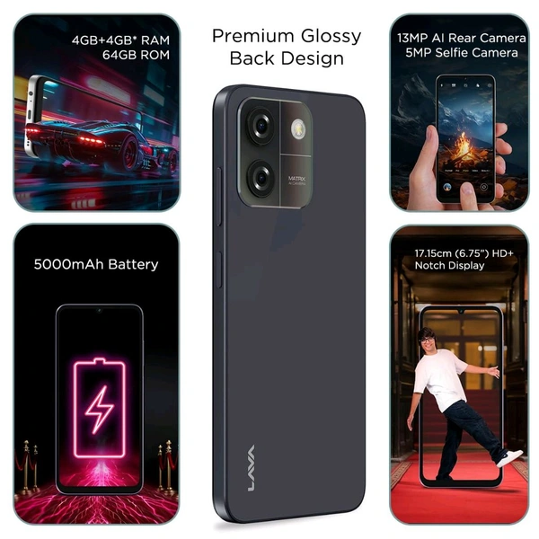 Lava O3 (Glossy Black, 4 GB RAM, 64 GB Storage) | Ultra Fast Octa Core Processor | 6.75" HD+ Display | 13MP AI Dual Rear Camera | 5000 mAh Battery - Glossy black