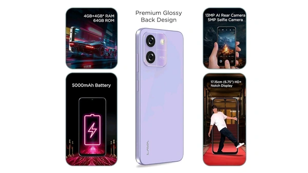 Lava O3 (Glossy Black, 4 GB RAM, 64 GB Storage) | Ultra Fast Octa Core Processor | 6.75" HD+ Display | 13MP AI Dual Rear Camera | 5000 mAh Battery - Glossy lavender
