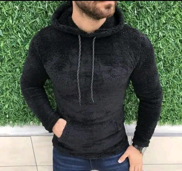 Woolen Full Sleeves Hooded Sweatshirt for Men - M, Black