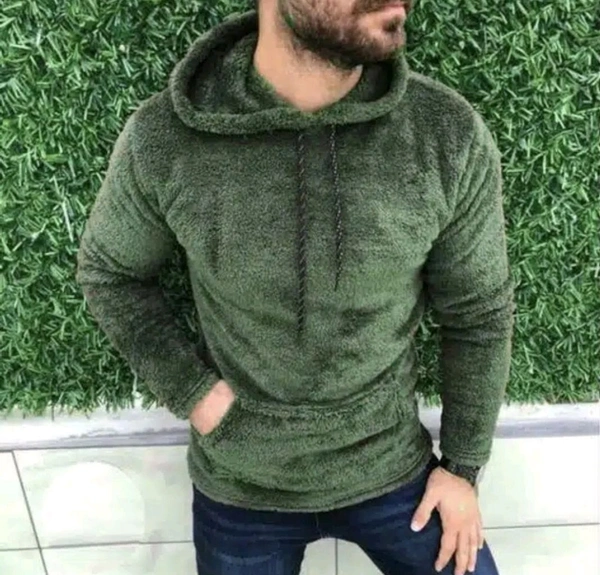 Woolen Full Sleeves Hooded Sweatshirt for Men - L, Pine Green