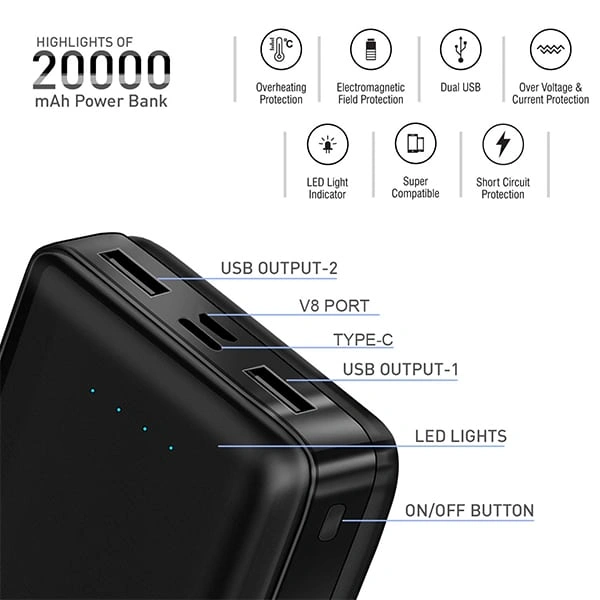 Ubon UBON PB-20051 Massive 20000mAh Lithium Polymer Power Bank | Built-in Dual USB Port