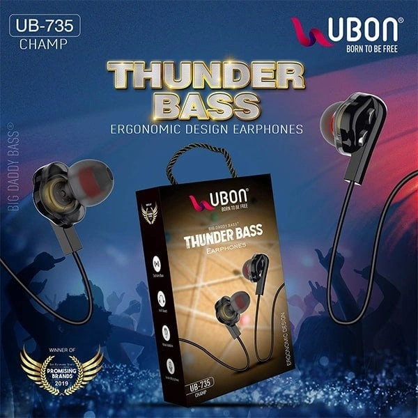 Ubon UBON UB-735 3.5mm Dual Driver in-Ear Wired Earphone with Mic - Black - Black