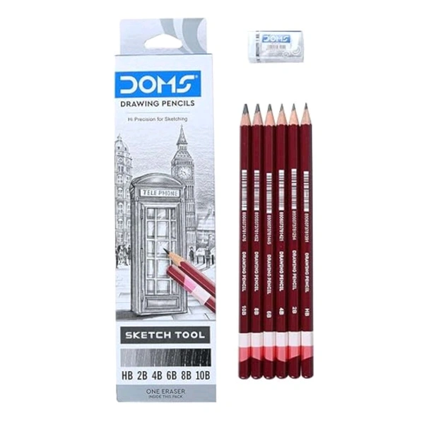 DOMS Drawing & Sketching Graphite Pencils - Grade HB, 2B, 4B, 6B, 8B & 10B | Hi Precision For Sketching | Dark & Neat Drawing | Comes With 1 Eraser (Pack of 6 x 1 Set)