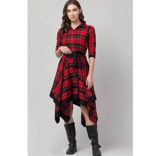 Red Cotton Checked Wrap Dress  - Red 