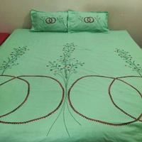 Twokart Cotton Double Hand Embroidery Flay Bedsheet (Pack 1 Bedsheet & 2 Pillow & Free Rumal, Green) - Width 87 inch / Length 118 inch