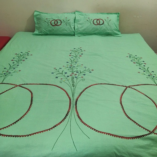 Twokart Cotton Double Hand Embroidery Flay Bedsheet (Pack 1 Bedsheet & 2 Pillow & Free Rumal, Green) - Width 87 inch / Length 118 inch