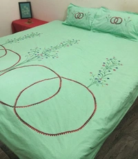Twokart Cotton Double Hand Embroidery Flay Bedsheet (Pack 1 Bedsheet & 2 Pillow & Free Rumal, Green) - Width 87 inch / Length 118 inch