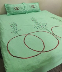 Twokart Cotton Double Hand Embroidery Flay Bedsheet (Pack 1 Bedsheet & 2 Pillow & Free Rumal, Green) - Width 87 inch / Length 118 inch