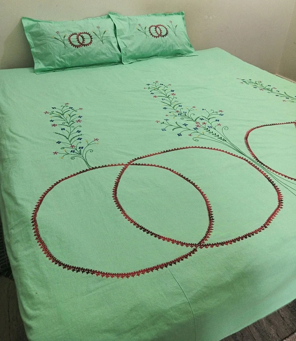 Twokart Cotton Double Hand Embroidery Flay Bedsheet (Pack 1 Bedsheet & 2 Pillow & Free Rumal, Green) - Width 87 inch / Length 118 inch