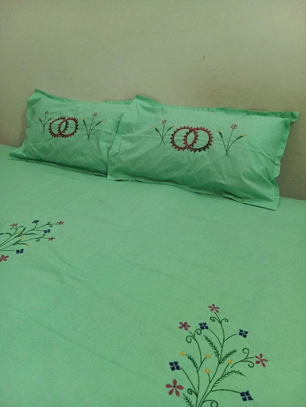 Twokart Cotton Double Hand Embroidery Flay Bedsheet (Pack 1 Bedsheet & 2 Pillow & Free Rumal, Green) - Width 87 inch / Length 118 inch