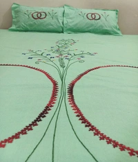 Twokart Cotton Double Hand Embroidery Flay Bedsheet (Pack 1 Bedsheet & 2 Pillow & Free Rumal, Green) - Width 87 inch / Length 118 inch