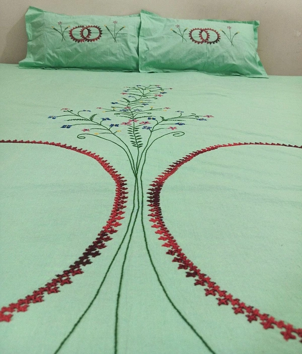Twokart Cotton Double Hand Embroidery Flay Bedsheet (Pack 1 Bedsheet & 2 Pillow & Free Rumal, Green) - Width 87 inch / Length 118 inch