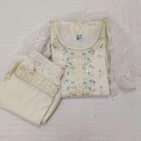Twokart Embroidery Cotton Blend Kurta, Pant, Duppata Set Suit ( Cream , Size M, SUIT1) - M, Cream