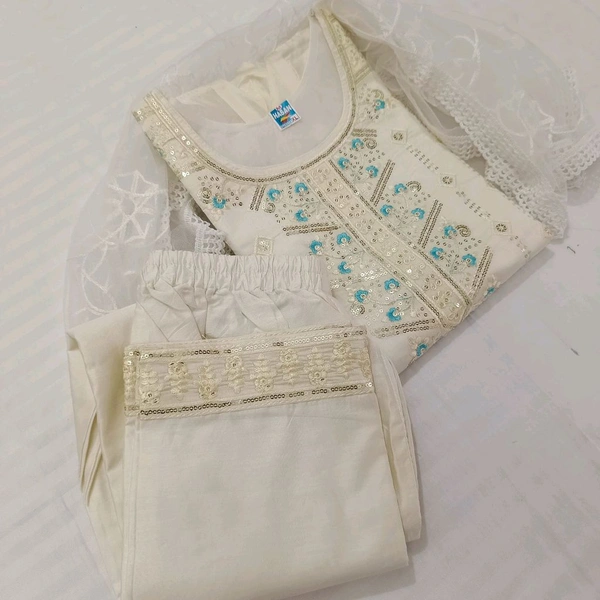 Twokart Embroidery Cotton Blend Kurta, Pant, Duppata Set Suit ( Cream , Size M, SUIT1) - M, Cream