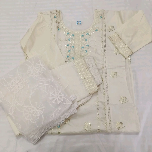 Twokart Embroidery Cotton Blend Kurta, Pant, Duppata Set Suit ( Cream , Size M, SUIT1) - M, Cream