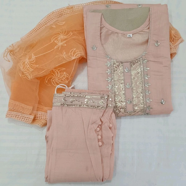 Twokart Embroidery Cotton Blend Kurta, Pant, Duppata Set Suit (Peach, Size M, SUIT3) - M, Peach