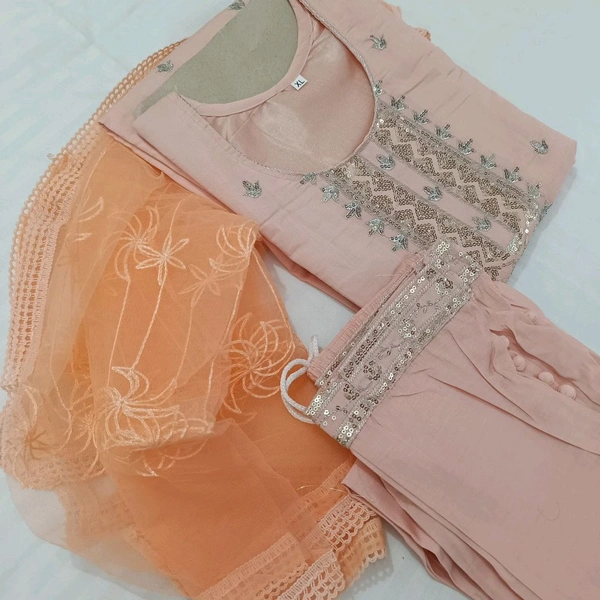 Twokart Embroidery Cotton Blend Kurta, Pant, Duppata Set Suit (Peach, Size M, SUIT3) - M, Peach