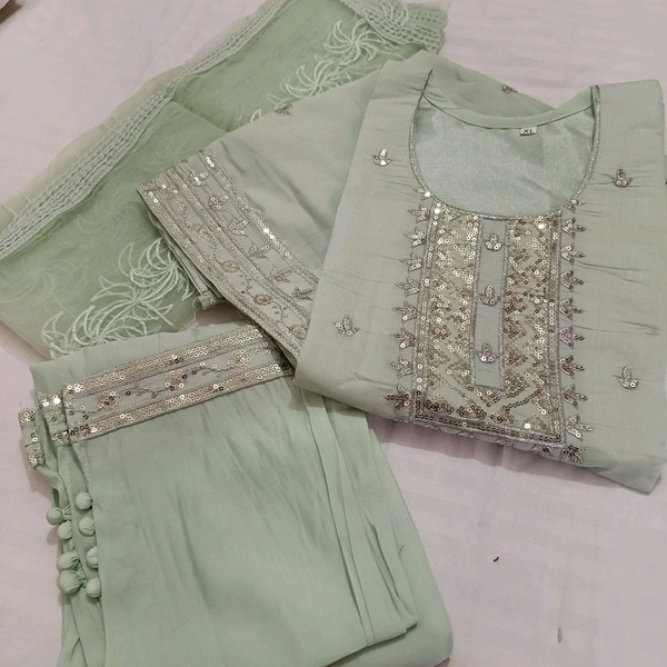 Twokart Embroidery Cotton Blend Kurta, Pant, Duppata Set Suit (Green, Size M, SUIT5) - M, Mint Green