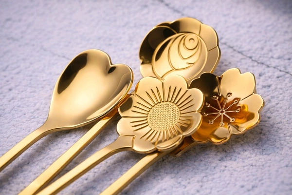 MT RETAIL Golden Spoons Set - Coffee/Dessert/Cutlery Kitchen Tableware - Stainless Steel Gold Flower Shape - 18cm, 4 Pcs