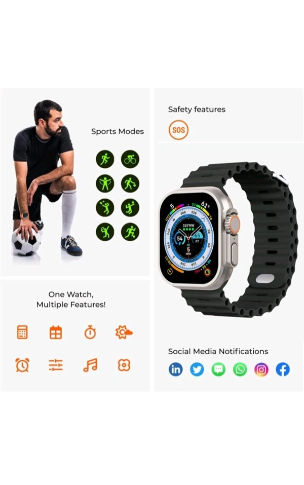 T800 Ultra Smart Watch with Beautiful Strap, Bluetooth Calling Smart Watch, 1.99" Touch Display with Fitness & Outdoor, Health & Medical Tracker, 8 Unique UI Interactions - Web Orange