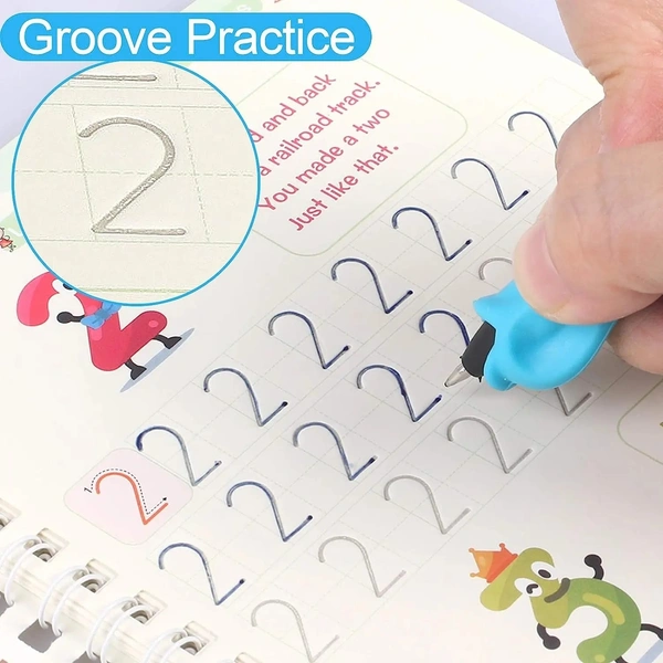 Large Size Reusable Kids Handwriting Practice Copybook Set - 4pcs (Alphabet, Numbers, Drawing, Math) with Pens - Deep Groove Calligraphy for Preschool