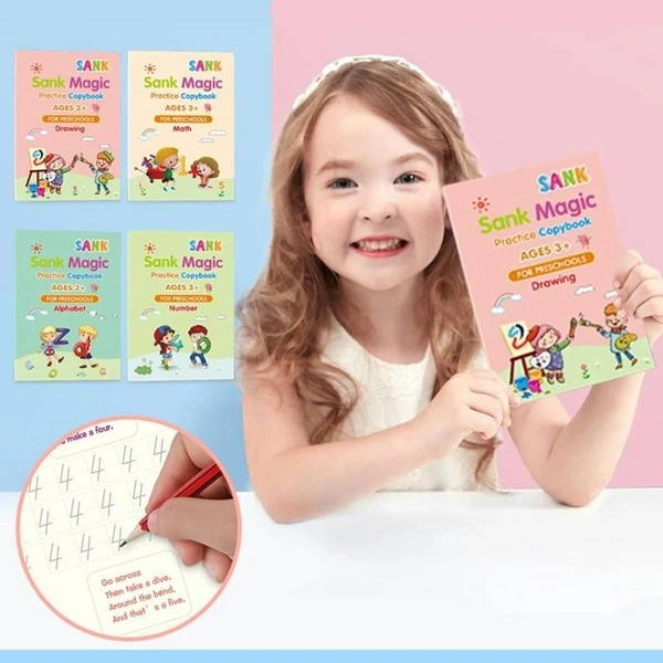 Large Size Reusable Kids Handwriting Practice Copybook Set - 4pcs (Alphabet, Numbers, Drawing, Math) with Pens - Deep Groove Calligraphy for Preschool