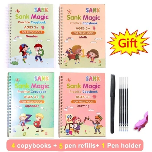Large Size Reusable Kids Handwriting Practice Copybook Set - 4pcs (Alphabet, Numbers, Drawing, Math) with Pens - Deep Groove Calligraphy for Preschool