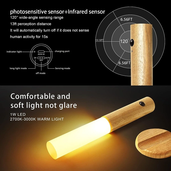 Rechargeable Smart LED Motion Sensor Light - Portable Magnetic Wooden Night Light for Bedroom, Wardrobe, and Corridor