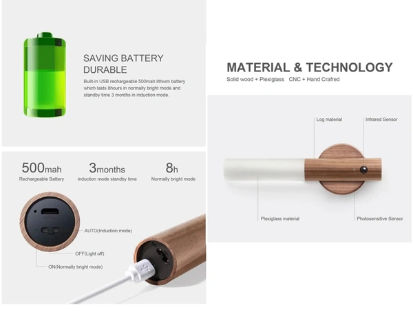 Rechargeable Smart LED Motion Sensor Light - Portable Magnetic Wooden Night Light for Bedroom, Wardrobe, and Corridor