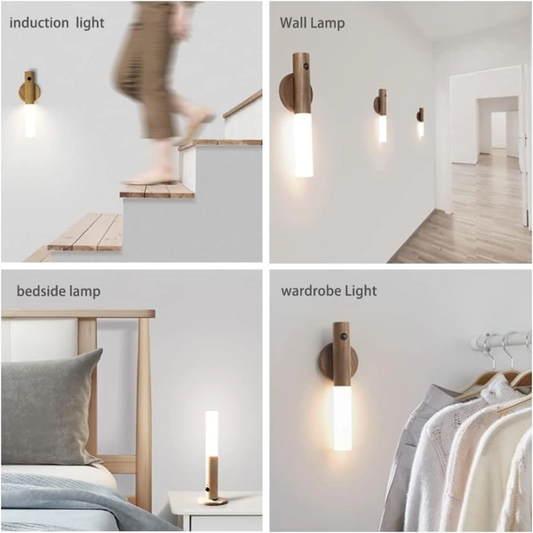 Rechargeable Smart LED Motion Sensor Light - Portable Magnetic Wooden Night Light for Bedroom, Wardrobe, and Corridor