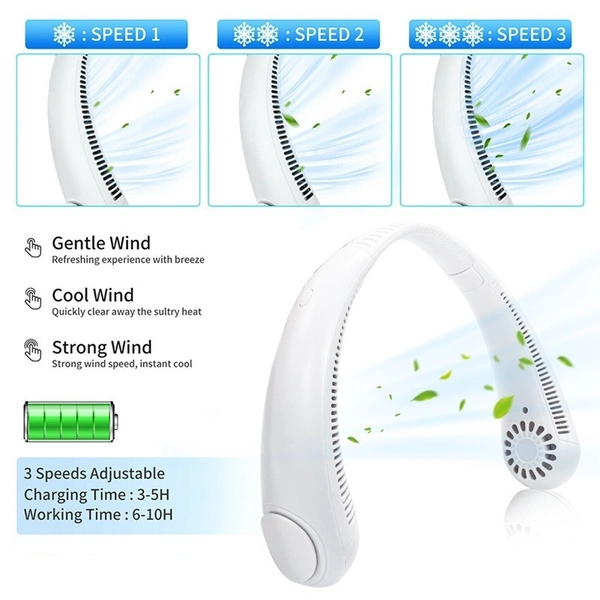 Silent Wearable Neck Fan USB Rechargeable Bladeless Mini Cooling Device for Sport, Travel, Home, Office