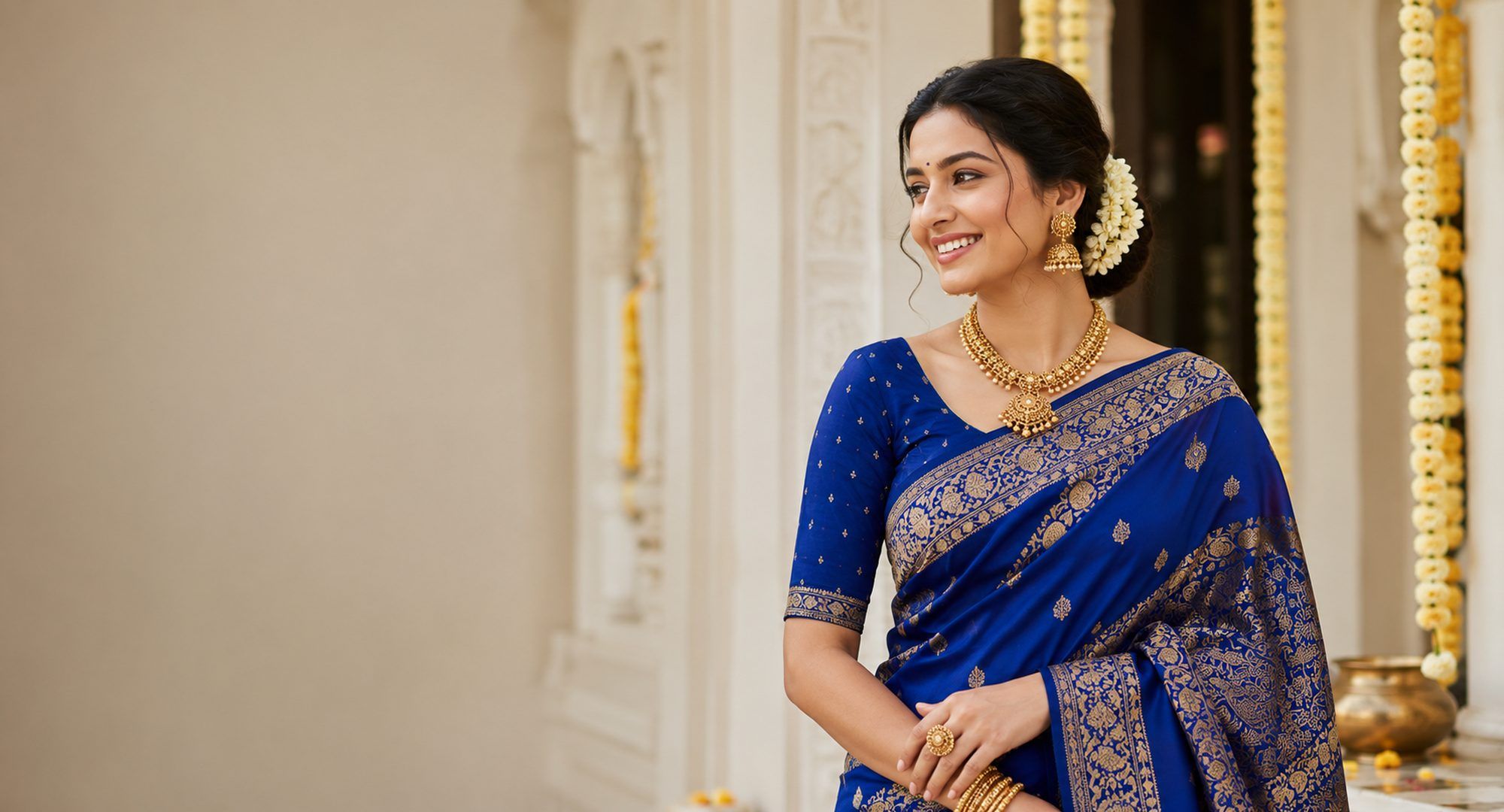 Woman in a golden Banarasi saree