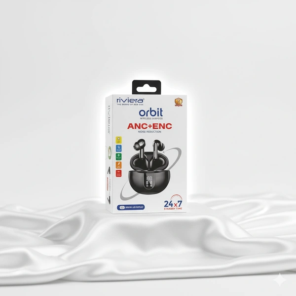 Riviera Orbit Wireless Bluetooth Earbuds with ANC & ENC Noise Cancellation | In-Ear Earphones with Mic, Touch Control, 30 Hours Playtime & Digital Power Display