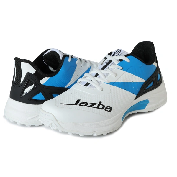 KD WMX KD Cricket Shoes for Men Rubber Spikes Hockey Shoe, Multi Purpose Outdoor All Round Performance Footwear for Turf & Grass (White Blue) - UK / IND 10