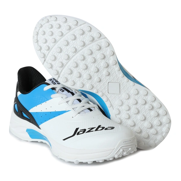 KD WMX KD Cricket Shoes for Men Rubber Spikes Hockey Shoe, Multi Purpose Outdoor All Round Performance Footwear for Turf & Grass (White Blue) - UK / IND 10