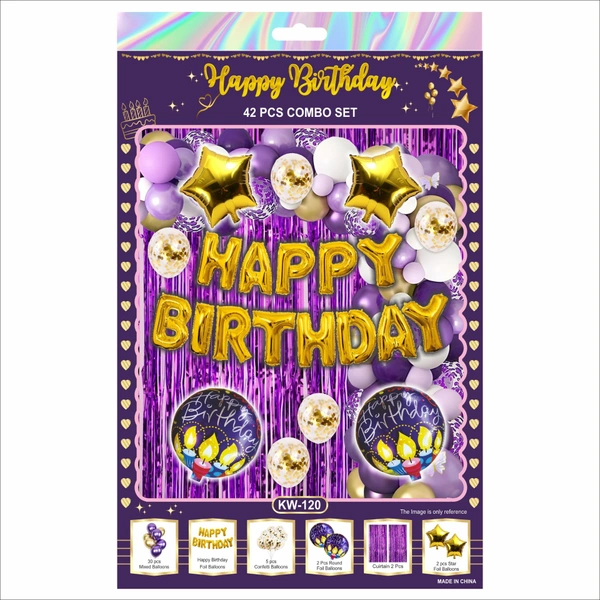 Happy Birthday Decoration Combo Set – Purple & Gold Theme (42 PCS Set)