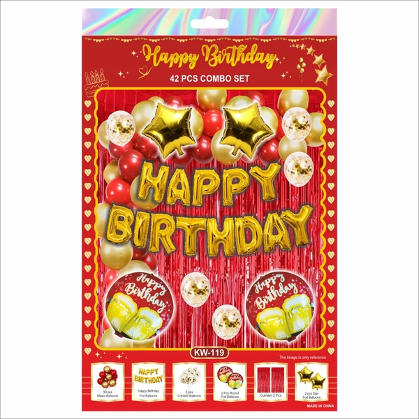Happy Birthday Decoration Combo Set – Red & Gold Theme (42 PCS Set)