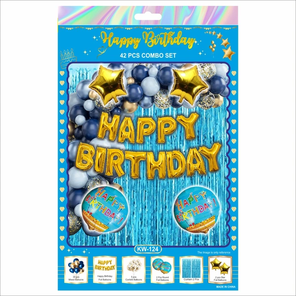 Happy Birthday Decoration Combo Set – Sky Blue & Gold Theme (42 PCS Set)