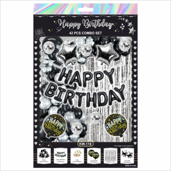 Happy Birthday Decoration Combo Set – Silver & Black Theme (42 PCS Set)