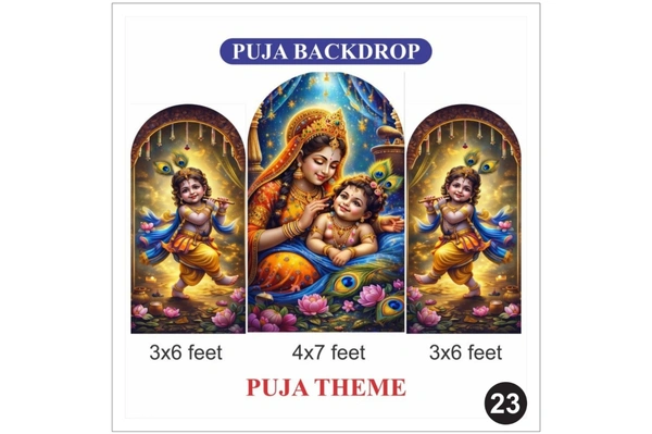 Bal Krishna Puja Backdrop Set – Krishna Yashoda Religious Decoration Backdrop