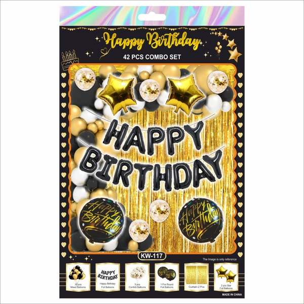 Happy Birthday Decoration Combo Set – Gold & Black Theme (42 PCS Set)