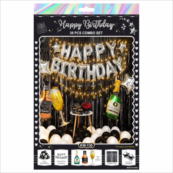 Premium Happy Birthday Decoration Combo Set – Black & Silver Luxury Theme (38 PCS Set)