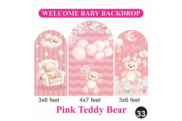 Welcome Baby Pink Teddy Bear Backdrop Set – Baby Girl Decoration Theme
