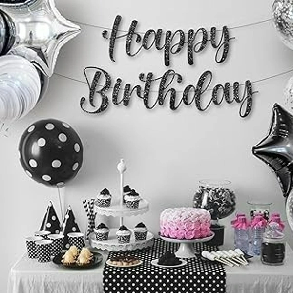 Black Cursive "Happy Birthday" Banner with Ribbon – Glossy Finish