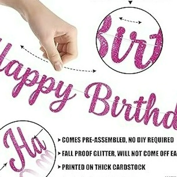 Pink Cursive "Happy Birthday" Banner with Ribbon – Glossy Finish